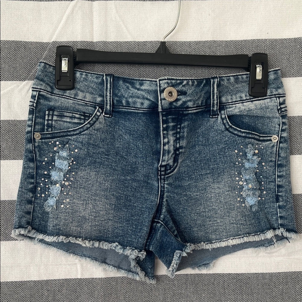 Distressed Blue Jean Shorts with Rhinestone Accents